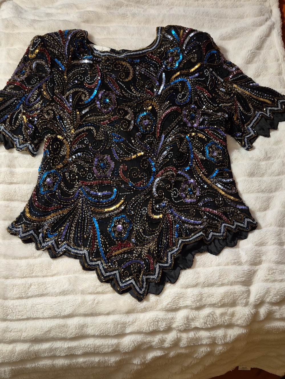 Laurence Kazar Black Beaded Multicolor Sequin Floral Blouse